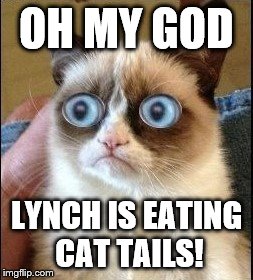Grumpy Cat Shocked | OH MY GOD LYNCH IS EATING CAT TAILS! | image tagged in grumpy cat shocked | made w/ Imgflip meme maker