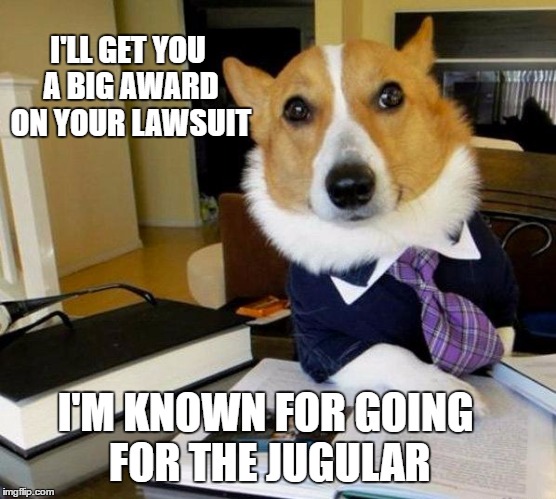Lawyer dog | I'LL GET YOU A BIG AWARD ON YOUR LAWSUIT; I'M KNOWN FOR GOING FOR THE JUGULAR | image tagged in lawyer dog | made w/ Imgflip meme maker