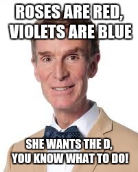 Bad poem <aware repost> | ROSES ARE RED, VIOLETS ARE BLUE; SHE WANTS THE D, YOU KNOW WHAT TO DO! | image tagged in repost,bad poem,bill nye the poem guy | made w/ Imgflip meme maker