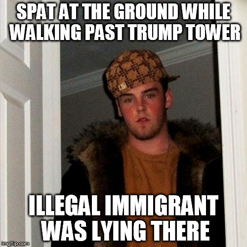 Scumbag Steve | SPAT AT THE GROUND WHILE WALKING PAST TRUMP TOWER; ILLEGAL IMMIGRANT WAS LYING THERE | image tagged in memes,scumbag steve,trump | made w/ Imgflip meme maker