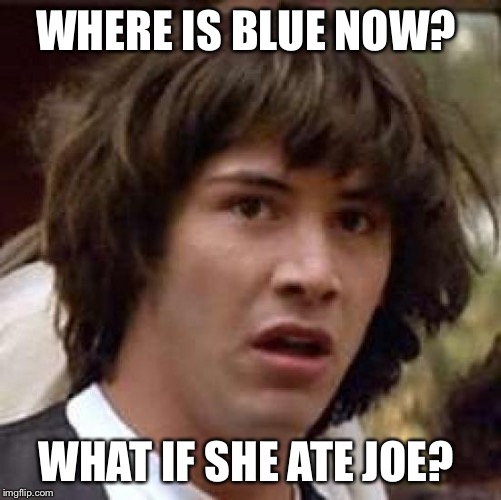 Conspiracy Keanu Meme | WHERE IS BLUE NOW? WHAT IF SHE ATE JOE? | image tagged in memes,conspiracy keanu | made w/ Imgflip meme maker