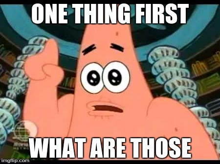 Patrick Says | ONE THING FIRST; WHAT ARE THOSE | image tagged in memes,patrick says | made w/ Imgflip meme maker