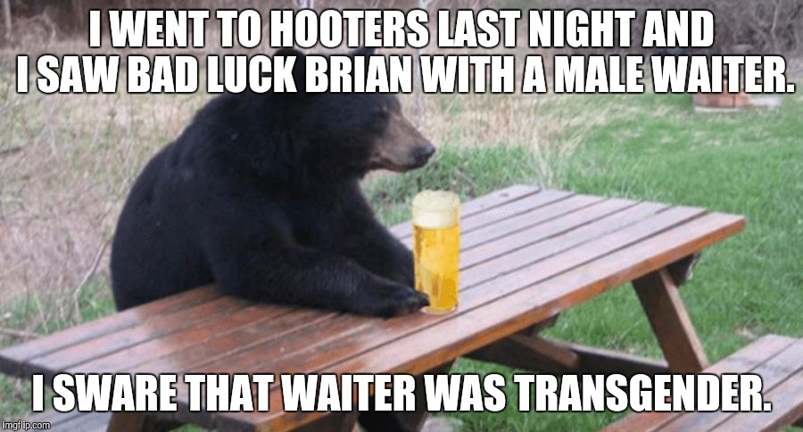 Bad Luck Bear with Beer | I WENT TO HOOTERS LAST NIGHT AND I SAW BAD LUCK BRIAN WITH A MALE WAITER. I SWARE THAT WAITER WAS TRANSGENDER. | image tagged in bad luck bear with beer | made w/ Imgflip meme maker