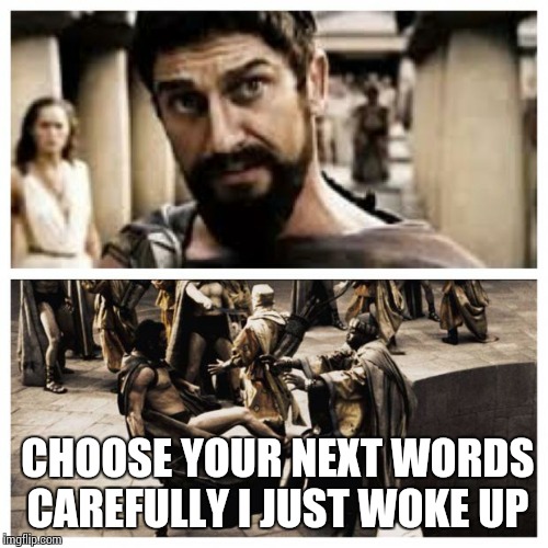 300 | CHOOSE YOUR NEXT WORDS CAREFULLY I JUST WOKE UP | image tagged in 300 | made w/ Imgflip meme maker
