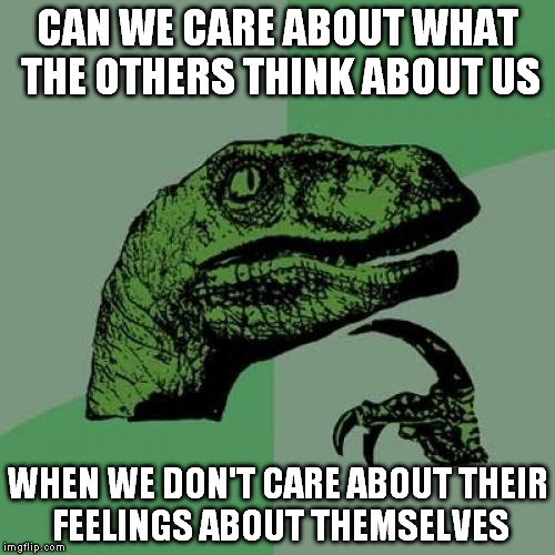 For short:  Why do we want to be liked by people that don't like themselves? | CAN WE CARE ABOUT WHAT THE OTHERS THINK ABOUT US; WHEN WE DON'T CARE ABOUT THEIR FEELINGS ABOUT THEMSELVES | image tagged in memes,philosoraptor | made w/ Imgflip meme maker