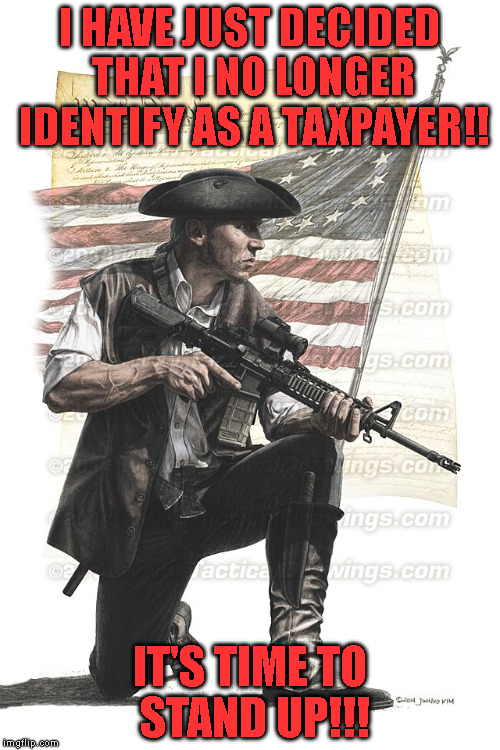 The Time is Now! | I HAVE JUST DECIDED THAT I NO LONGER IDENTIFY AS A TAXPAYER!! IT'S TIME TO STAND UP!!! | image tagged in patriotism nomorebiggovernment | made w/ Imgflip meme maker