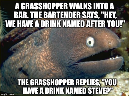 Bad Joke Eel Meme | A GRASSHOPPER WALKS INTO A BAR. THE BARTENDER SAYS, "HEY, WE HAVE A DRINK NAMED AFTER YOU!"; THE GRASSHOPPER REPLIES, "YOU HAVE A DRINK NAMED STEVE?" | image tagged in memes,bad joke eel | made w/ Imgflip meme maker
