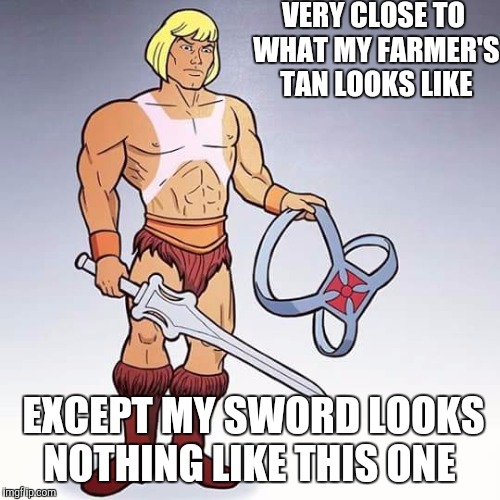 Heman farmers tan | VERY CLOSE TO WHAT MY FARMER'S TAN LOOKS LIKE; EXCEPT MY SWORD LOOKS NOTHING LIKE THIS ONE | image tagged in heman farmers tan,funny meme,overly manly man | made w/ Imgflip meme maker