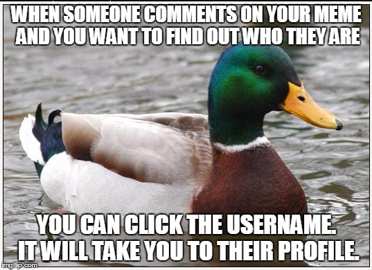 WHEN SOMEONE COMMENTS ON YOUR MEME AND YOU WANT TO FIND OUT WHO THEY ARE YOU CAN CLICK THE USERNAME. IT WILL TAKE YOU TO THEIR PROFILE. | made w/ Imgflip meme maker