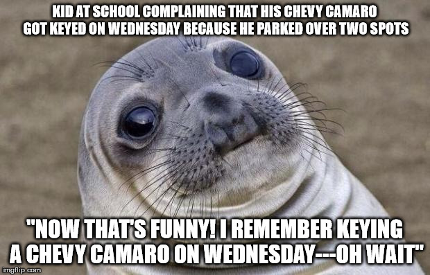 Awkward Moment Sealion | KID AT SCHOOL COMPLAINING THAT HIS CHEVY CAMARO GOT KEYED ON WEDNESDAY BECAUSE HE PARKED OVER TWO SPOTS; "NOW THAT'S FUNNY! I REMEMBER KEYING A CHEVY CAMARO ON WEDNESDAY---OH WAIT" | image tagged in memes,awkward moment sealion | made w/ Imgflip meme maker