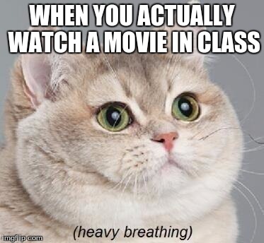 Heavy Breathing Cat Meme | WHEN YOU ACTUALLY WATCH A MOVIE IN CLASS | image tagged in memes,heavy breathing cat | made w/ Imgflip meme maker