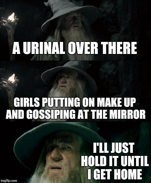Confused Gandalf Meme |  A URINAL OVER THERE; GIRLS PUTTING ON MAKE UP AND GOSSIPING AT THE MIRROR; I'LL JUST HOLD IT UNTIL I GET HOME | image tagged in memes,confused gandalf | made w/ Imgflip meme maker