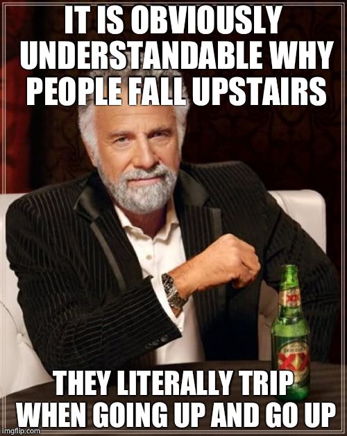 The Most Interesting Man In The World Meme | IT IS OBVIOUSLY UNDERSTANDABLE WHY PEOPLE FALL UPSTAIRS THEY LITERALLY TRIP WHEN GOING UP AND GO UP | image tagged in memes,the most interesting man in the world | made w/ Imgflip meme maker