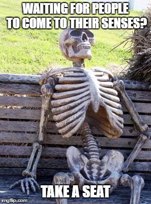 Waiting Skeleton | WAITING FOR PEOPLE TO COME TO THEIR SENSES? TAKE A SEAT | image tagged in memes,waiting skeleton | made w/ Imgflip meme maker