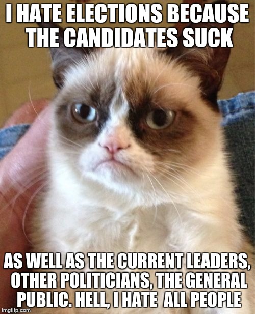 Grumpy Cat Meme | I HATE ELECTIONS BECAUSE THE CANDIDATES SUCK AS WELL AS THE CURRENT LEADERS, OTHER POLITICIANS, THE GENERAL PUBLIC. HELL, I HATE  ALL PEOPLE | image tagged in memes,grumpy cat | made w/ Imgflip meme maker