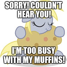 derpy hugs her muffin! | SORRY! COULDN'T HEAR YOU! I'M TOO BUSY WITH MY MUFFINS! | image tagged in derpy hugs her muffin | made w/ Imgflip meme maker