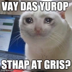 Crying cat | VAY DAS YUROP; STHAP AT GRIS? | image tagged in crying cat | made w/ Imgflip meme maker