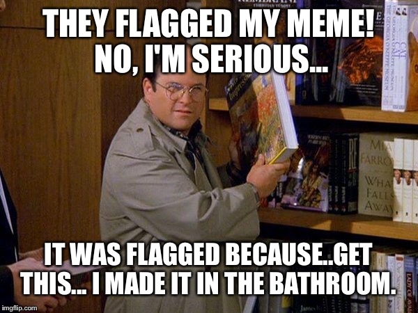 THEY FLAGGED MY MEME! NO, I'M SERIOUS... IT WAS FLAGGED BECAUSE..GET THIS... I MADE IT IN THE BATHROOM. | made w/ Imgflip meme maker
