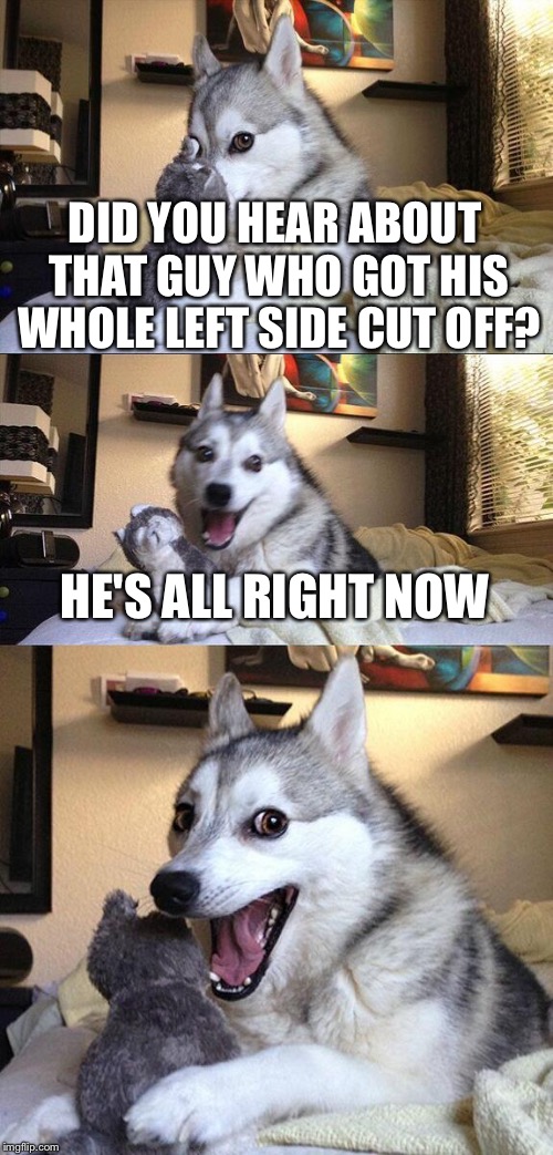 Bad Pun Dog | DID YOU HEAR ABOUT THAT GUY WHO GOT HIS WHOLE LEFT SIDE CUT OFF? HE'S ALL RIGHT NOW | image tagged in memes,bad pun dog | made w/ Imgflip meme maker