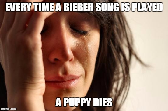 Save the puppies! | EVERY TIME A BIEBER SONG IS PLAYED; A PUPPY DIES | image tagged in memes,first world problems,justin bieber,puppies | made w/ Imgflip meme maker