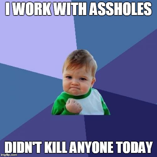 When you work with assholes, every day is a victory. | I WORK WITH ASSHOLES; DIDN'T KILL ANYONE TODAY | image tagged in memes,success kid,assholes,work | made w/ Imgflip meme maker