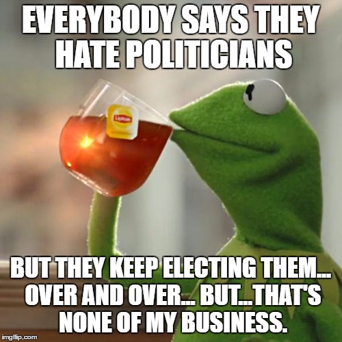 But That's None Of My Business Meme | EVERYBODY SAYS THEY HATE POLITICIANS BUT THEY KEEP ELECTING THEM... OVER AND OVER... BUT...THAT'S NONE OF MY BUSINESS. | image tagged in memes,but thats none of my business,kermit the frog | made w/ Imgflip meme maker