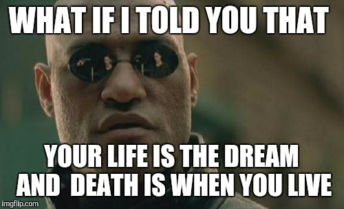 Matrix Morpheus | WHAT IF I TOLD YOU THAT; YOUR LIFE IS THE DREAM AND 
DEATH IS WHEN YOU LIVE | image tagged in memes,matrix morpheus | made w/ Imgflip meme maker