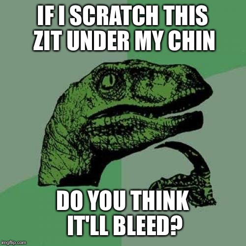 Philosoraptor Meme | IF I SCRATCH THIS ZIT UNDER MY CHIN; DO YOU THINK IT'LL BLEED? | image tagged in memes,philosoraptor | made w/ Imgflip meme maker