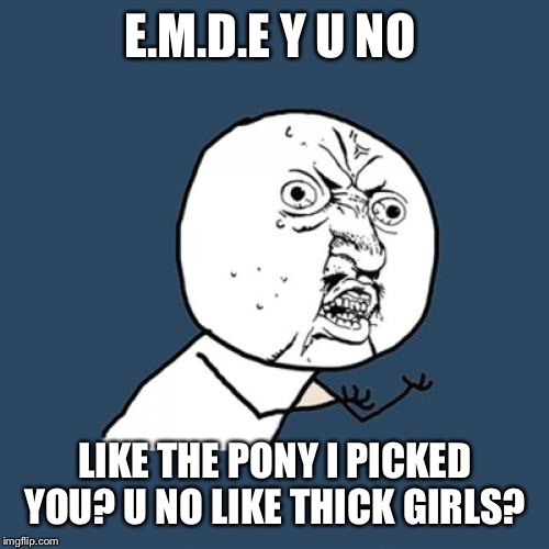 Y U No Meme | E.M.D.E Y U NO LIKE THE PONY I PICKED YOU? U NO LIKE THICK GIRLS? | image tagged in memes,y u no | made w/ Imgflip meme maker