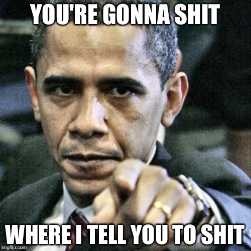 Pissed Off Obama | YOU'RE GONNA SHIT; WHERE I TELL YOU TO SHIT | image tagged in memes,pissed off obama | made w/ Imgflip meme maker