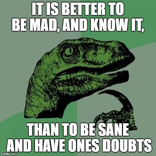 Philosoraptor Meme | IT IS BETTER TO BE MAD, AND KNOW IT, THAN TO BE SANE AND HAVE ONES DOUBTS | image tagged in memes,philosoraptor | made w/ Imgflip meme maker