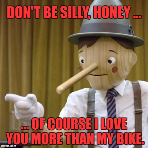 potential pinnochio | DON'T BE SILLY, HONEY ... ... OF COURSE I LOVE YOU MORE THAN MY BIKE. | image tagged in potential pinnochio | made w/ Imgflip meme maker