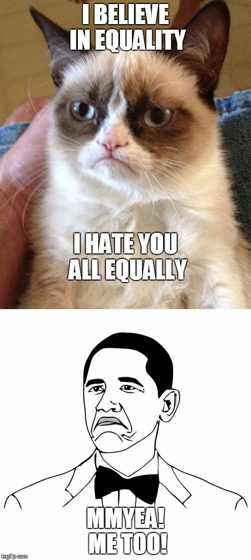 Truthful Obama | I BELIEVE IN EQUALITY; I HATE YOU ALL EQUALLY; MMYEA! ME TOO! | image tagged in grumpy cat,funny,memes,political,satire,oops | made w/ Imgflip meme maker