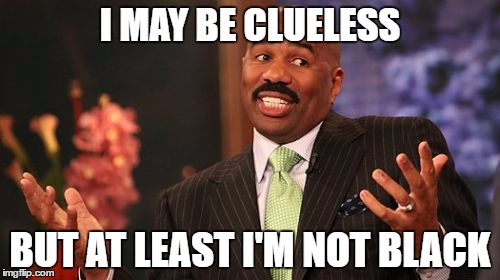 Steve Harvey | I MAY BE CLUELESS; BUT AT LEAST I'M NOT BLACK | image tagged in memes,steve harvey | made w/ Imgflip meme maker