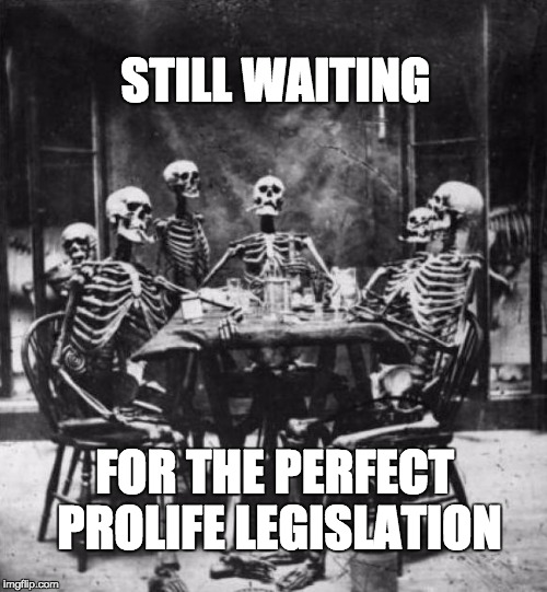 Skeletons  | STILL WAITING; FOR THE PERFECT PROLIFE LEGISLATION | image tagged in skeletons | made w/ Imgflip meme maker