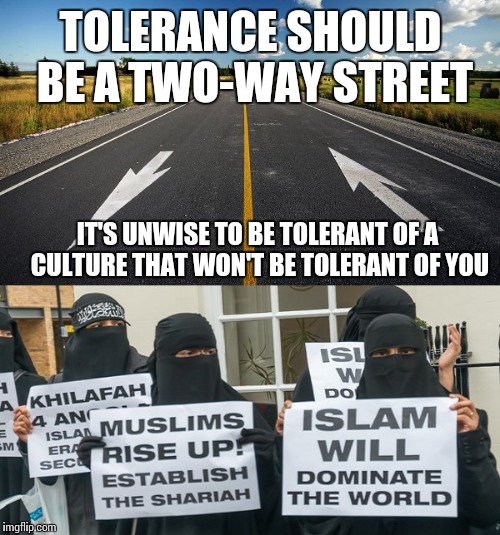 TOLERANCE SHOULD BE A TWO-WAY STREET IT'S UNWISE TO BE TOLERANT OF A CULTURE THAT WON'T BE TOLERANT OF YOU | made w/ Imgflip meme maker