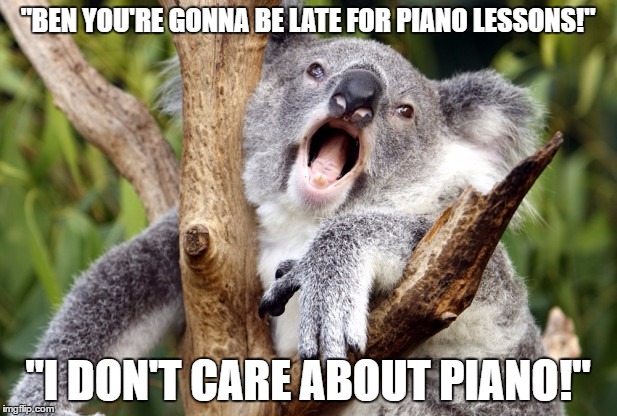 I don't care about piano! | "BEN YOU'RE GONNA BE LATE FOR PIANO LESSONS!"; "I DON'T CARE ABOUT PIANO!" | image tagged in humor,funny,animal meme,koala meme,koala bear,koala | made w/ Imgflip meme maker