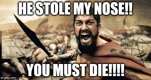 Sparta Leonidas | HE STOLE MY NOSE!! YOU MUST DIE!!!! | image tagged in memes,sparta leonidas | made w/ Imgflip meme maker