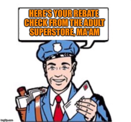 Things Your Mailman Will Never Say | HERE'S YOUR REBATE CHECK FROM THE ADULT SUPERSTORE, MA'AM | image tagged in mailman | made w/ Imgflip meme maker