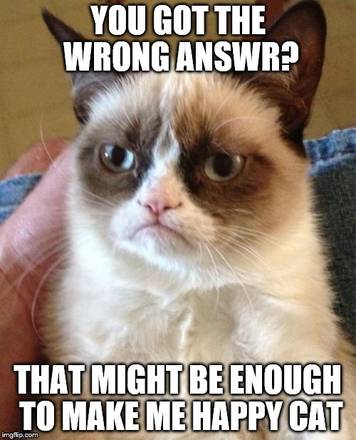 Grumpy Cat Meme | YOU GOT THE WRONG ANSWR? THAT MIGHT BE ENOUGH TO MAKE ME HAPPY CAT | image tagged in memes,grumpy cat | made w/ Imgflip meme maker