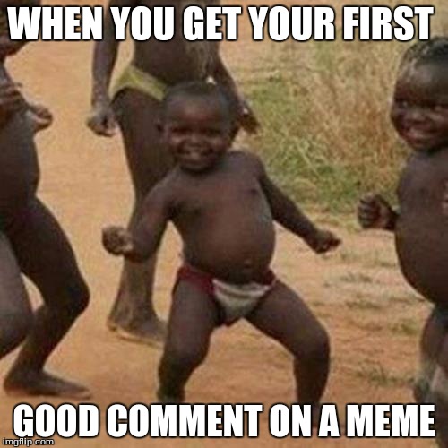 first good comment | WHEN YOU GET YOUR FIRST; GOOD COMMENT ON A MEME | image tagged in third world success kid,thank you | made w/ Imgflip meme maker