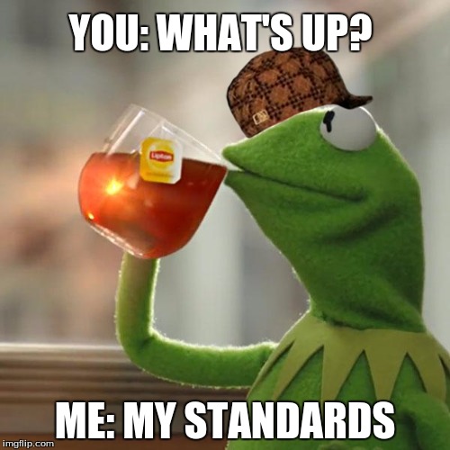 But That's None Of My Business Meme | YOU: WHAT'S UP? ME: MY STANDARDS | image tagged in memes,but thats none of my business,kermit the frog,scumbag | made w/ Imgflip meme maker