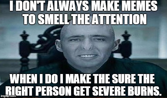 meme attention seeker | I DON'T ALWAYS MAKE MEMES TO SMELL THE ATTENTION; WHEN I DO I MAKE THE SURE THE RIGHT PERSON GET SEVERE BURNS. | image tagged in burns,voldemort,nicholas cage,attention | made w/ Imgflip meme maker