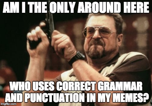 Am I The Only One Around Here | AM I THE ONLY AROUND HERE; WHO USES CORRECT GRAMMAR AND PUNCTUATION IN MY MEMES? | image tagged in memes,am i the only one around here | made w/ Imgflip meme maker