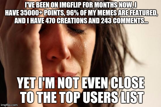 seriously, I need help!!! | I'VE BEEN ON IMGFLIP FOR MONTHS NOW, I HAVE 35000+ POINTS, 96% OF MY MEMES ARE FEATURED, AND I HAVE 470 CREATIONS AND 243 COMMENTS... YET I'M NOT EVEN CLOSE TO THE TOP USERS LIST | image tagged in memes,first world problems | made w/ Imgflip meme maker