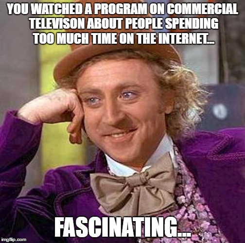 Creepy Condescending Wonka | YOU WATCHED A PROGRAM ON COMMERCIAL TELEVISON ABOUT PEOPLE SPENDING TOO MUCH TIME ON THE INTERNET... FASCINATING... | image tagged in memes,creepy condescending wonka | made w/ Imgflip meme maker