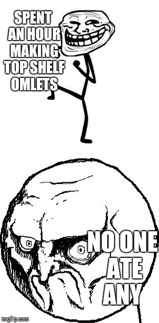 Hate it when that happens | SPENT AN HOUR MAKING TOP SHELF OMLETS; NO ONE ATE ANY | image tagged in troll face | made w/ Imgflip meme maker