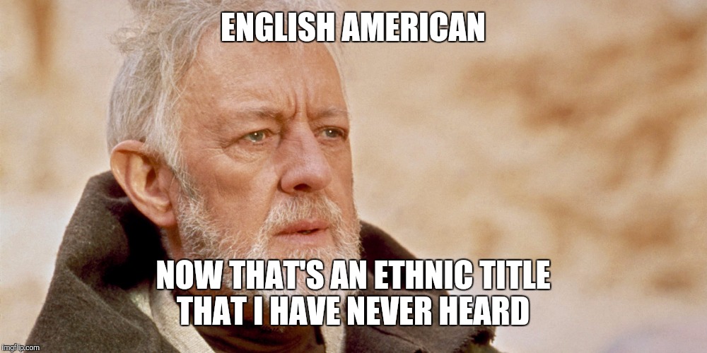 Just an American | ENGLISH AMERICAN; NOW THAT'S AN ETHNIC TITLE THAT I HAVE NEVER HEARD | image tagged in political,patriotism,native american,obi wan kenobi | made w/ Imgflip meme maker