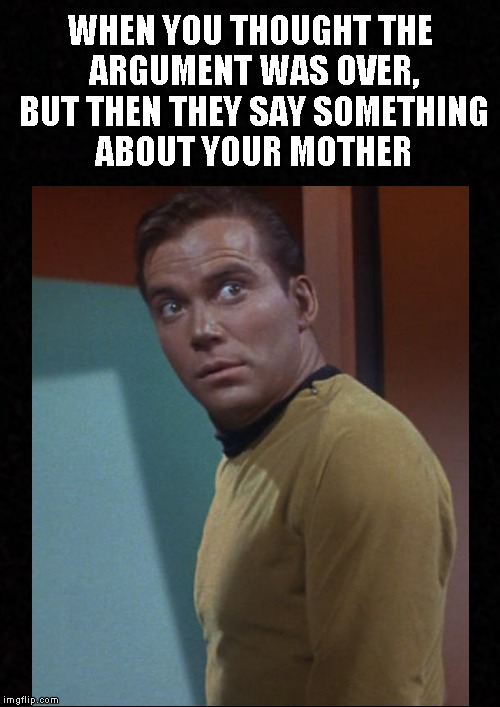 Just when you thought it was over.... | WHEN YOU THOUGHT THE ARGUMENT WAS OVER, BUT THEN THEY SAY SOMETHING ABOUT YOUR MOTHER | image tagged in funny memes,captain kirk,star trek,mother,argument | made w/ Imgflip meme maker