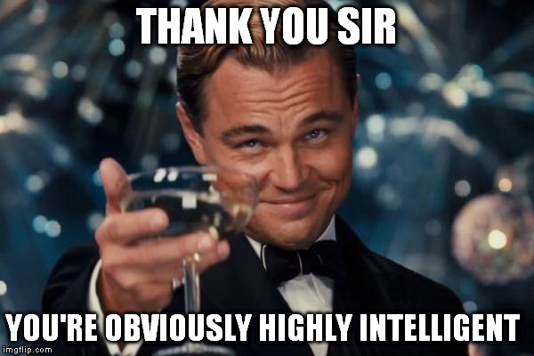 Leonardo Dicaprio Cheers Meme | THANK YOU SIR YOU'RE OBVIOUSLY HIGHLY INTELLIGENT | image tagged in memes,leonardo dicaprio cheers | made w/ Imgflip meme maker